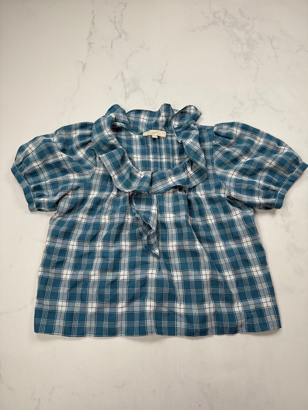 Loft Plaid Blouse Blue Modern Romantic Puff Sleeves - Womens M